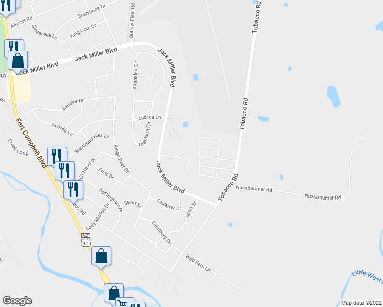 map of restaurants, bars, coffee shops, grocery stores, and more near 525 Patriot Park Court in Clarksville