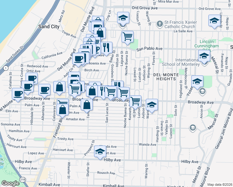 map of restaurants, bars, coffee shops, grocery stores, and more near 1252 Olympia Avenue in Seaside