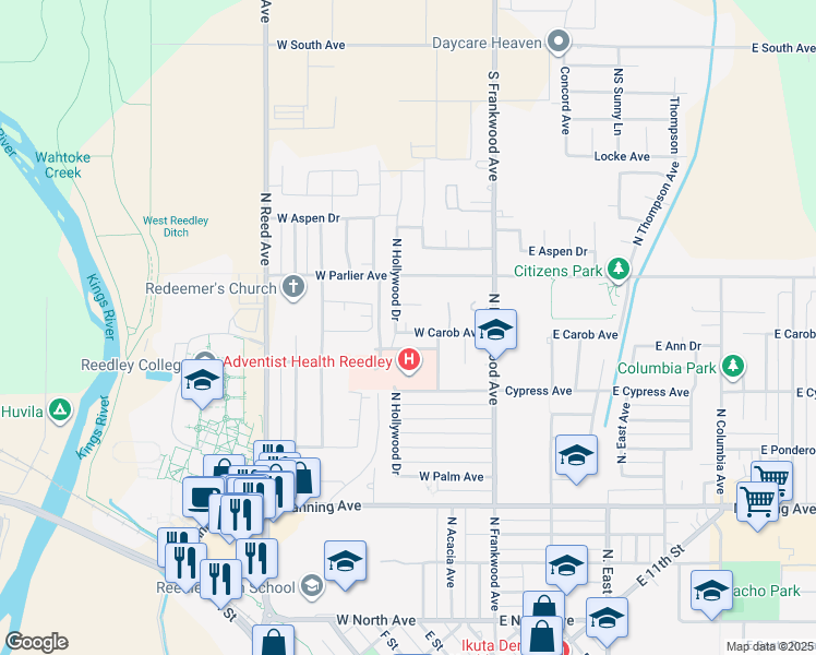 map of restaurants, bars, coffee shops, grocery stores, and more near 1597 North Hollywood Drive in Reedley