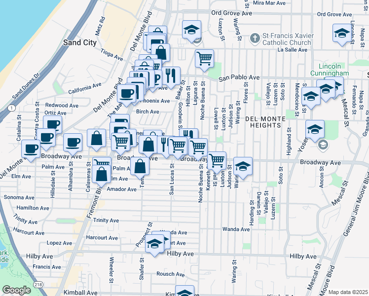 map of restaurants, bars, coffee shops, grocery stores, and more near 1651 Hilton Street in Seaside