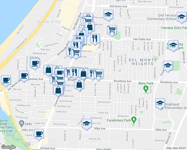 map of restaurants, bars, coffee shops, grocery stores, and more near 1646 Winton Street in Seaside