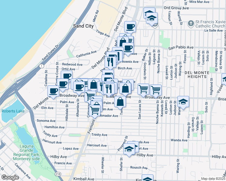 map of restaurants, bars, coffee shops, grocery stores, and more near 1076 Clementina Avenue in Seaside