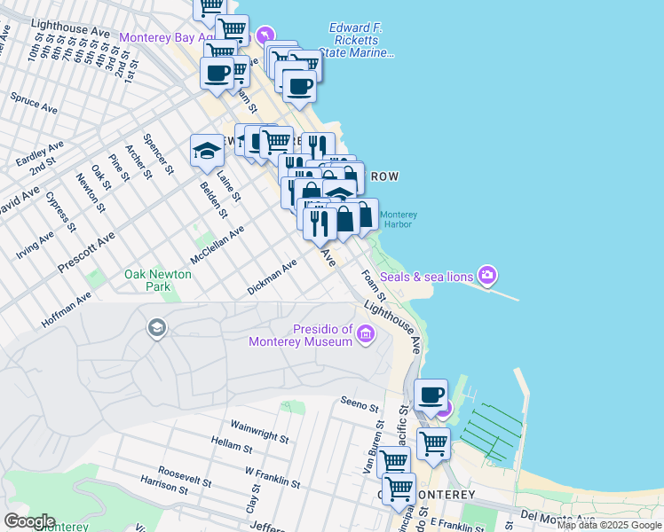 map of restaurants, bars, coffee shops, grocery stores, and more near 296 Lighthouse Avenue in Monterey
