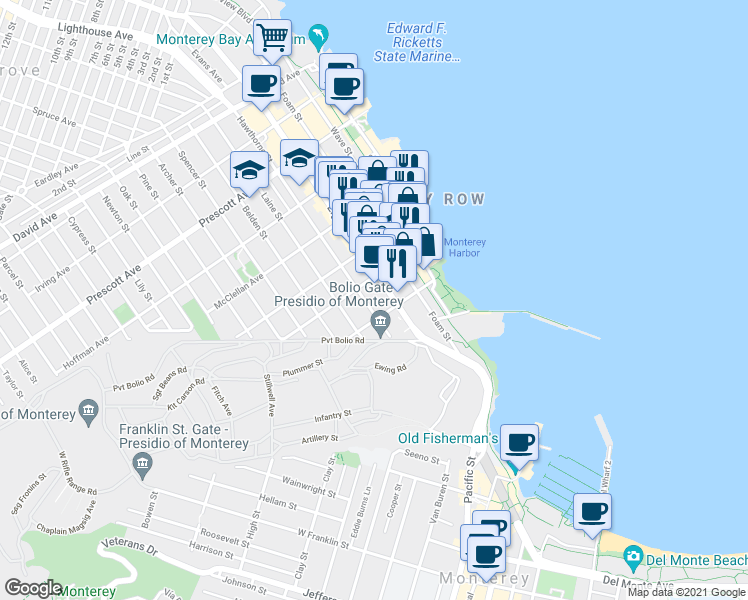 map of restaurants, bars, coffee shops, grocery stores, and more near 296 Lighthouse Avenue in Monterey