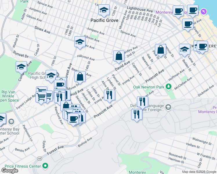 map of restaurants, bars, coffee shops, grocery stores, and more near 852 Lyndon Street in Monterey