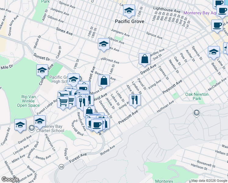 map of restaurants, bars, coffee shops, grocery stores, and more near 2098 David Avenue in Monterey