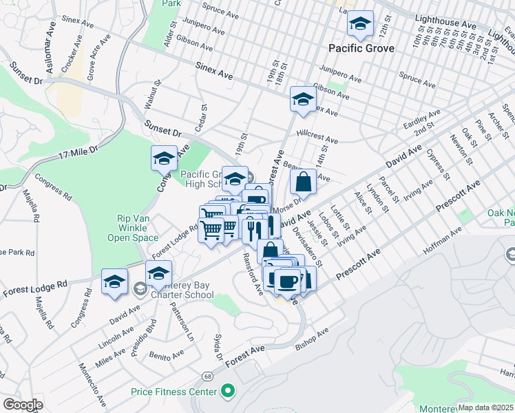 map of restaurants, bars, coffee shops, grocery stores, and more near in Pacific Grove