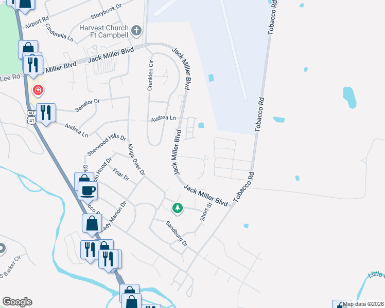 map of restaurants, bars, coffee shops, grocery stores, and more near 395 Jack Miller Boulevard in Clarksville