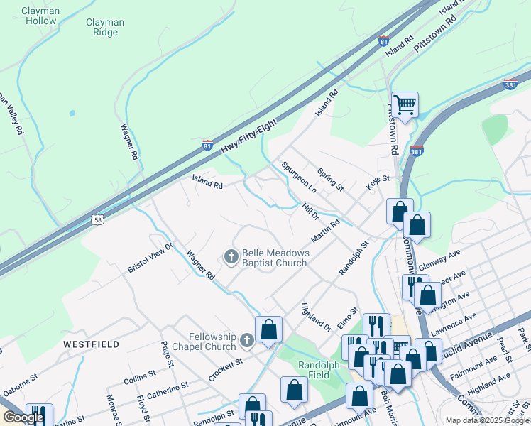 map of restaurants, bars, coffee shops, grocery stores, and more near 465-599 Terry Dr in Bristol