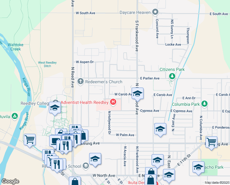 map of restaurants, bars, coffee shops, grocery stores, and more near 386 West Carob Avenue in Reedley
