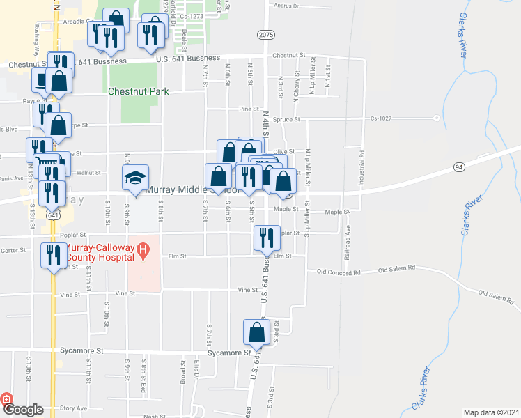 map of restaurants, bars, coffee shops, grocery stores, and more near 401 Maple Street in Murray