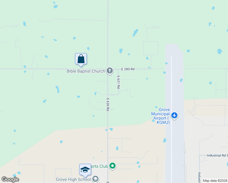 map of restaurants, bars, coffee shops, grocery stores, and more near South 631 Road in Grove