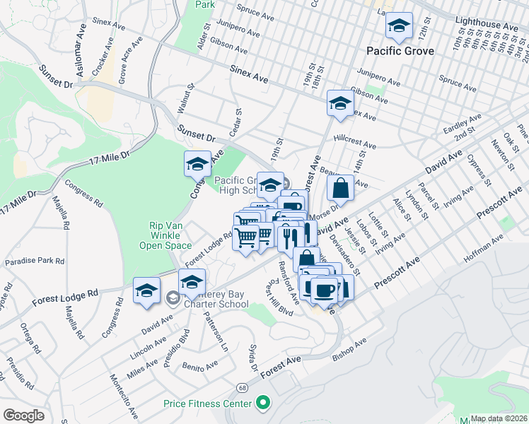 map of restaurants, bars, coffee shops, grocery stores, and more near 615 Sunset Drive in Pacific Grove