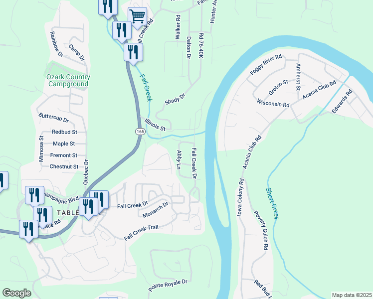 map of restaurants, bars, coffee shops, grocery stores, and more near 580 Abby Lane in Branson
