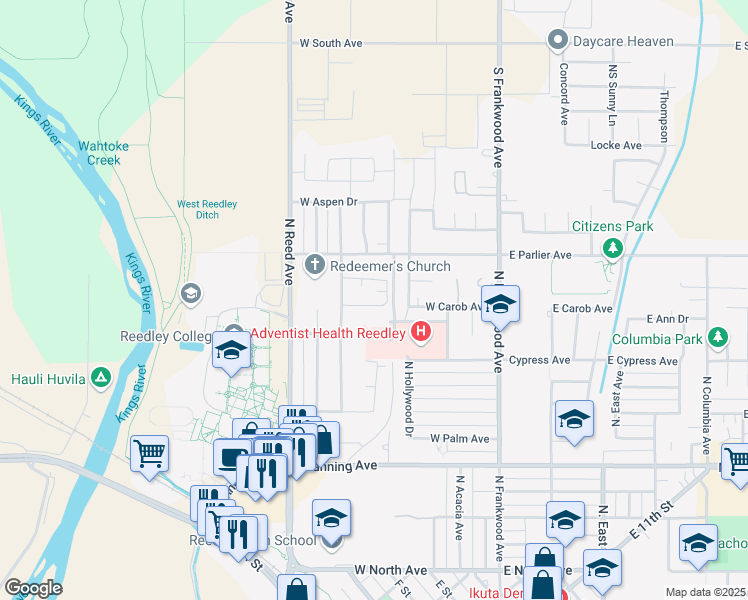 map of restaurants, bars, coffee shops, grocery stores, and more near 566 West Carob Avenue in Reedley