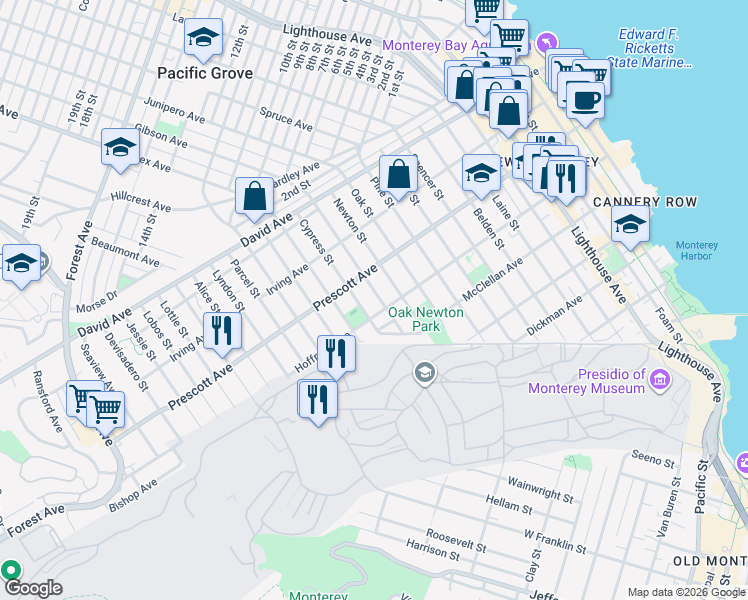 map of restaurants, bars, coffee shops, grocery stores, and more near 670 Lily Street in Monterey