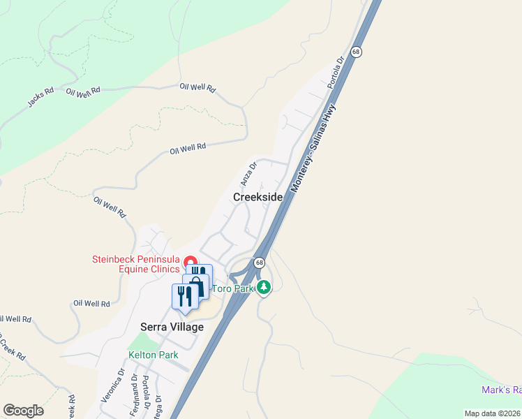 map of restaurants, bars, coffee shops, grocery stores, and more near in Creekside