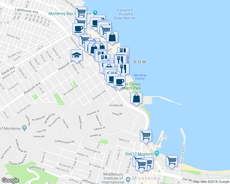 map of restaurants, bars, coffee shops, grocery stores, and more near 296 Lighthouse Avenue in Monterey