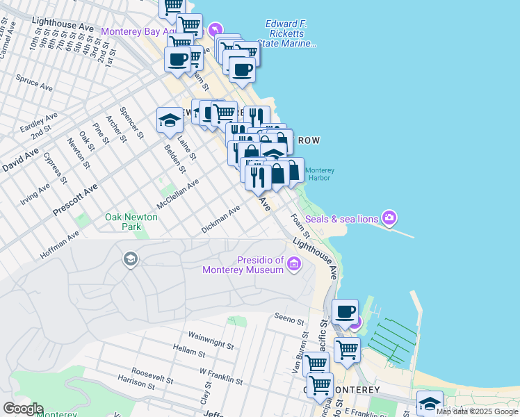 map of restaurants, bars, coffee shops, grocery stores, and more near 296 Lighthouse Avenue in Monterey