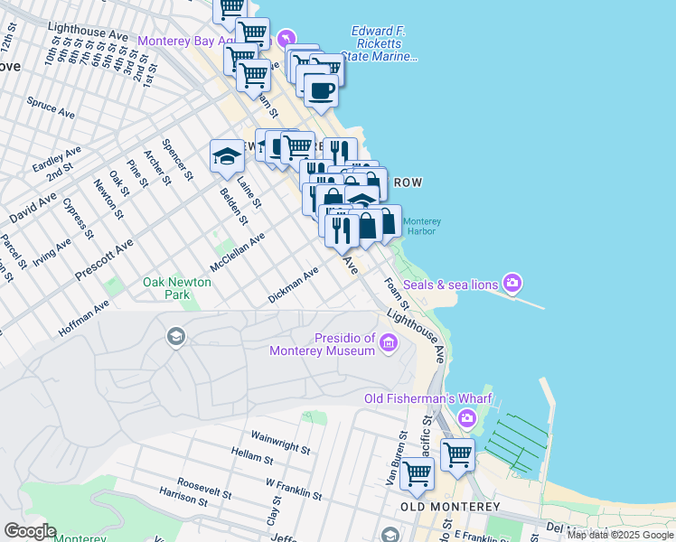 map of restaurants, bars, coffee shops, grocery stores, and more near 296 Lighthouse Avenue in Monterey