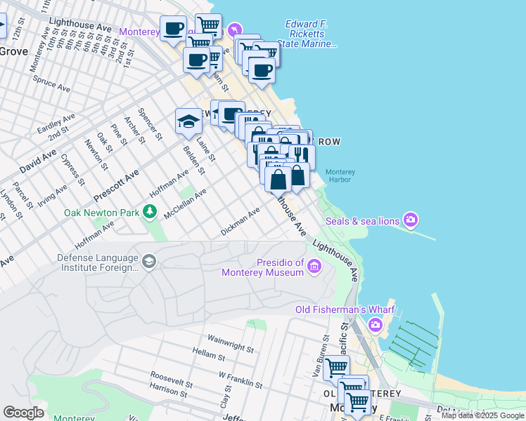map of restaurants, bars, coffee shops, grocery stores, and more near in Monterey