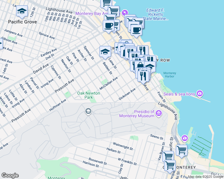 map of restaurants, bars, coffee shops, grocery stores, and more near 470 Spencer Street in Monterey