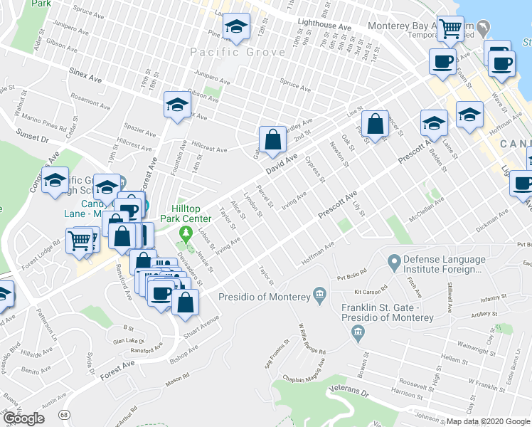map of restaurants, bars, coffee shops, grocery stores, and more near 852 Lyndon Street in Monterey