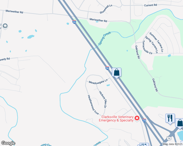 map of restaurants, bars, coffee shops, grocery stores, and more near 3468 Heatherwood Trace in Clarksville