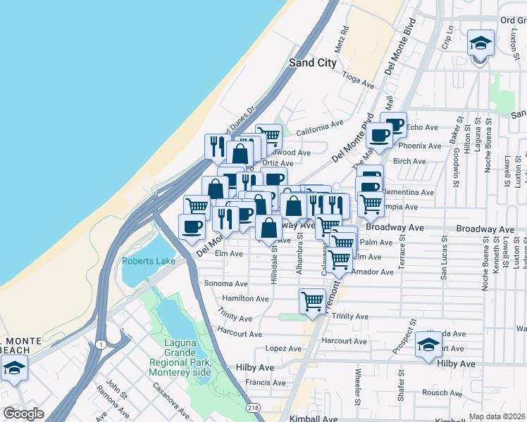 map of restaurants, bars, coffee shops, grocery stores, and more near 1637 Del Monte Boulevard in Sand City