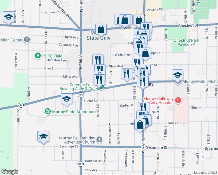 map of restaurants, bars, coffee shops, grocery stores, and more near Main Street in Murray