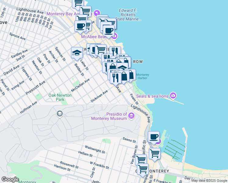 map of restaurants, bars, coffee shops, grocery stores, and more near 262 Hawthorne Street in Monterey