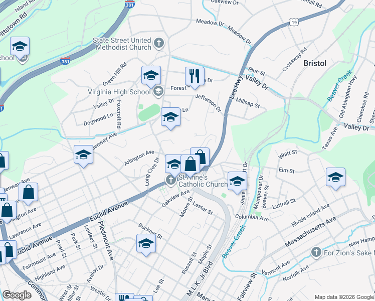 map of restaurants, bars, coffee shops, grocery stores, and more near 900 Washington Lee Drive in Bristol