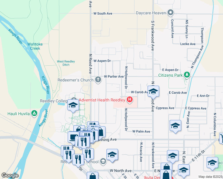 map of restaurants, bars, coffee shops, grocery stores, and more near 620 West Carob Avenue in Reedley