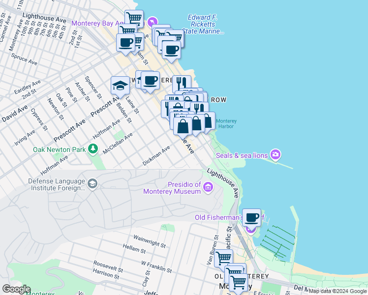 map of restaurants, bars, coffee shops, grocery stores, and more near 247 Lighthouse Avenue in Monterey