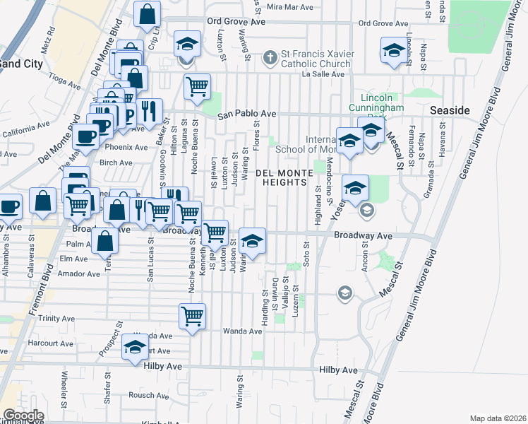 map of restaurants, bars, coffee shops, grocery stores, and more near 1648 Harding Street in Seaside