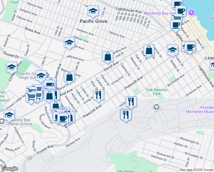 map of restaurants, bars, coffee shops, grocery stores, and more near 815 Terry Street in Monterey