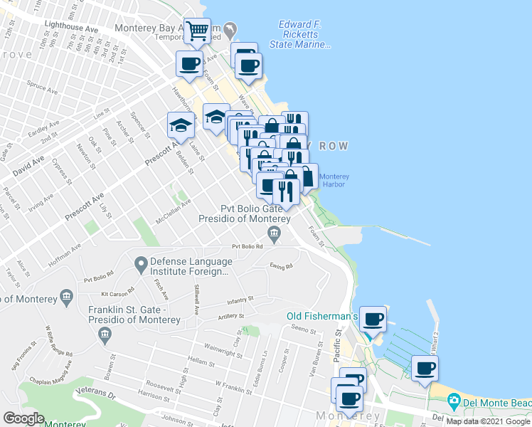 map of restaurants, bars, coffee shops, grocery stores, and more near 296 Lighthouse Avenue in Monterey