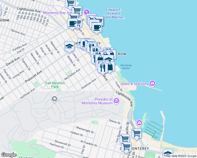 map of restaurants, bars, coffee shops, grocery stores, and more near in Monterey
