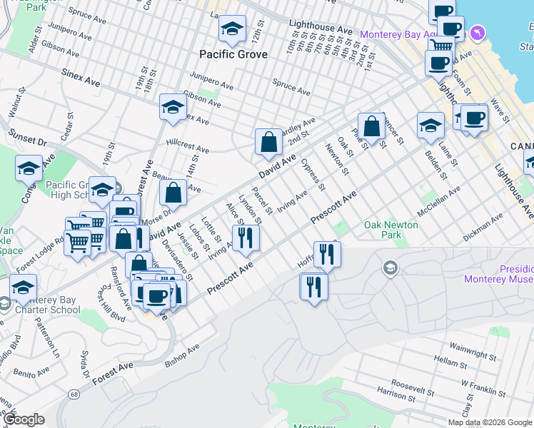 map of restaurants, bars, coffee shops, grocery stores, and more near 815 Terry Street in Monterey