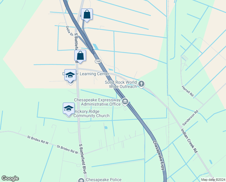 map of restaurants, bars, coffee shops, grocery stores, and more near 141 Indian Creek Road in Chesapeake