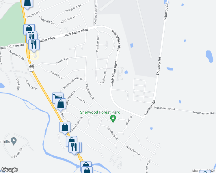 map of restaurants, bars, coffee shops, grocery stores, and more near 406 Jack Miller Boulevard in Clarksville