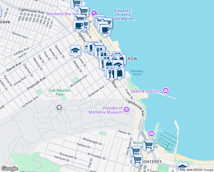 map of restaurants, bars, coffee shops, grocery stores, and more near in Monterey