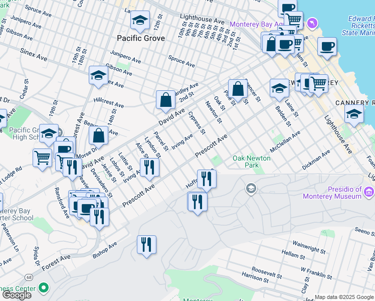 map of restaurants, bars, coffee shops, grocery stores, and more near 757 Grace Street in Monterey