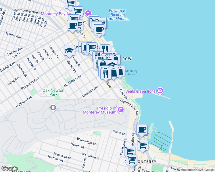 map of restaurants, bars, coffee shops, grocery stores, and more near 249 Lighthouse Avenue in Monterey