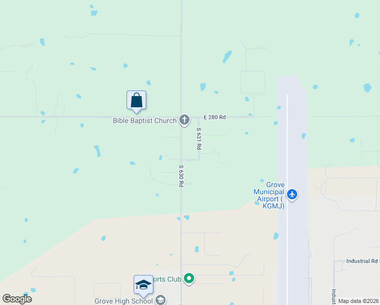 map of restaurants, bars, coffee shops, grocery stores, and more near 63150 East 282 Road in Grove