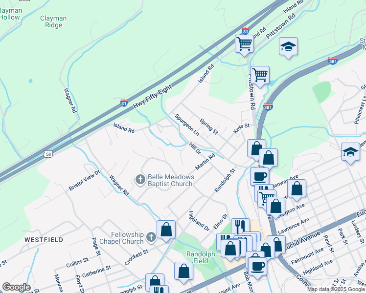 map of restaurants, bars, coffee shops, grocery stores, and more near 465 Terry Drive in Bristol