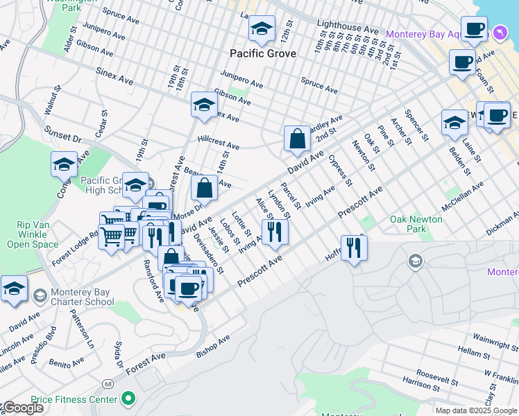 map of restaurants, bars, coffee shops, grocery stores, and more near 871 Alice Street in Monterey