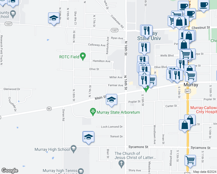 map of restaurants, bars, coffee shops, grocery stores, and more near 1617 Farmer Avenue in Murray
