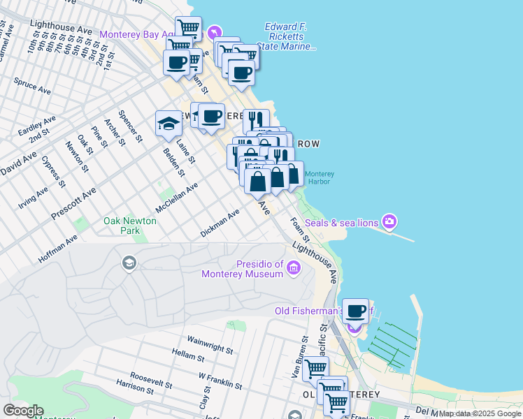 map of restaurants, bars, coffee shops, grocery stores, and more near 251 Lighthouse Avenue in Monterey