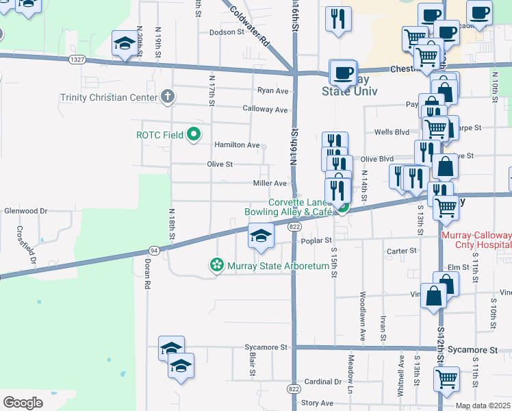 map of restaurants, bars, coffee shops, grocery stores, and more near 1634 Farmer Avenue in Murray